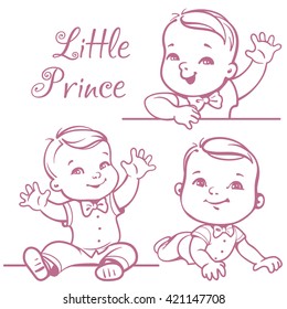 Set with cute little baby  boy  wearing bow tie, white shirt. Portrait of happy smiling baby one year old. Little prince sitting, lying on white background. Monochrome sketchy vector illustration.