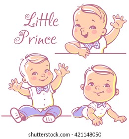 Set with cute little baby  boy 6-12 months wearing bow tie, white shirt. Portrait of happy smiling baby  one year old. Little prince sitting, lying on white background. Colorful vector illustration.
