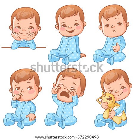 Set with cute little baby boy in blue pajama with different emotions. Various face expressions. Happy child, crying boy, sick baby, one year old smiling toddler hold plush toy, sick  Colorful vector