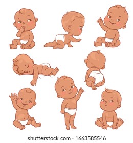 Set with cute little baby boys in diaper. Active baby of 3-12 months. First  year baby development. Baby sleep, stand, sit, crawl. Brown skin children. Hispanic ethnic. Color vector illustration set. 