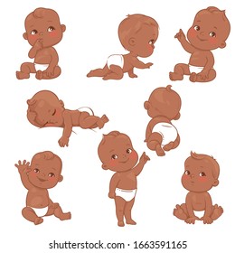 Set with cute little baby boys in diaper. Active baby of 3-12 months. First  year baby development. Baby sleep, stand, sit, crawl. Black skin african american children. Color vector illustration set. 