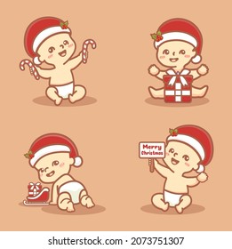 Set of cute little baby celebrating christmas. Merry christmas kawaii cartoon vector