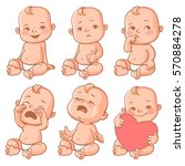 Set with cute little baby in diaper with different emotions. Various face expressions. Happy child, baby cry, toddler hold heart, sick child, sad boy, crying girl, screaming baby. Colorful vector.