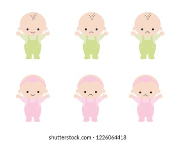 Set with cute little baby in diaper with different emotions. Various face expressions. set of Girl and boy baby. Colorful vector.