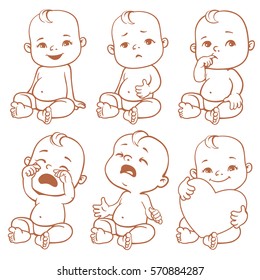 Set with cute little baby in diaper with different emotions. Various face expressions. Happy child, cartoon baby cry, sitting toddler holding heart, sick child, sad boy, crying girl, screaming baby.