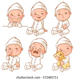 Set With Cute Little Baby With Different Emotions. Various Face Expressions. Happy Child, Baby Cry, Toddler Hold Plush Toy, Sick Child, Sleepy Boy, Crying Girl, Pajama Baby. Colorful Vector.