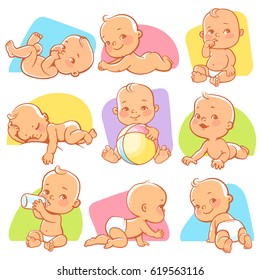 Set and cute little baby in different situations  Playing  sleeping  sitting  lying  crawling baby  Happy smiling newborn boy girl  Vector illustration 