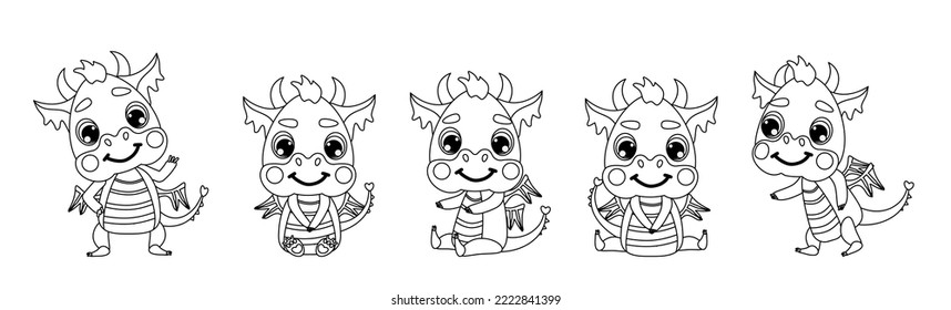 Set of a cute little baby dragon. Vector illustrations in linear style for designs, prints, greeting cards, coloring books for children and patterns. the symbol of 2024