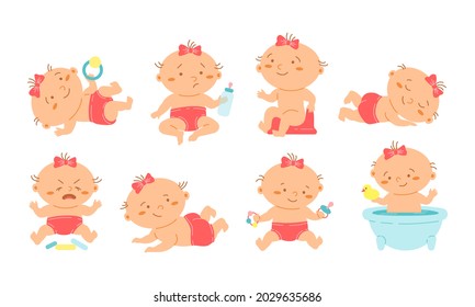 Set cute little baby girl in diaper in various poses with toy, bath, bottle, duck isolated on white background. First year baby collection. Vector flat illustration. Design for card, banner, web 