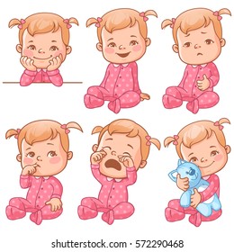 Set With Cute Little Baby Girl In Pink Pajama With Different Emotions. Various Face Expressions. Happy Child, Crying Girl, Sick Baby, One Year Old Smiling Toddler Hold Plush Toy, Sick  Colorful Vector