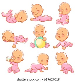 Set and cute little baby girl wearing pink pajamas  Baby sitting  crawling  eating  playing  sleeping   Little girl and bottle milk  Smiling happy child wearing overalls  Vector illustration 