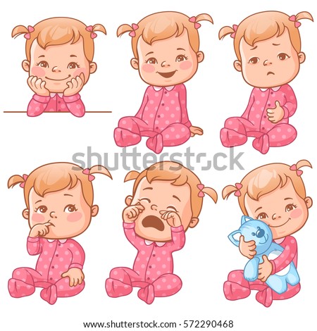 Set with cute little baby girl in pink pajama with different emotions. Various face expressions. Happy child, crying girl, sick baby, one year old smiling toddler hold plush toy, sick  Colorful vector