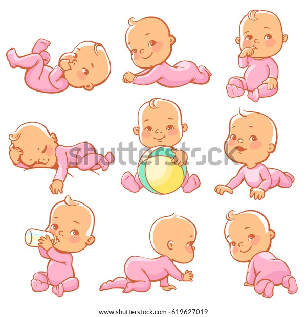 ピンクのパジャマを着たかわいい小さな女の子をセット 座って 這って 食べて 遊んで 眠っている赤ちゃん 牛乳の瓶を持つ少女 オーバーオールを着た笑顔 の幸せな子ども ベクターイラスト のベクター画像素材 ロイヤリティフリー