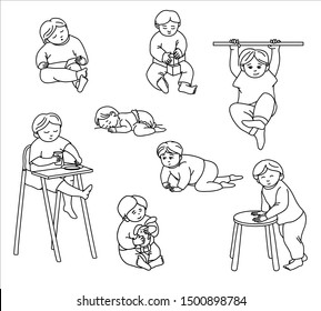 Set with cute little baby. Monochrome line drawing. Vector illustration on white background.Sleeping, eating, playing, crawling baby. Happy child in different situations.