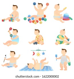 set of cute little baby playing their toys. babies playing their soft toys. playful infant, kid, or children. flat vector illustration