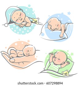 Set with cute little baby sleeping.Children lying on pillow under blanket. Boy with teddy bear in bed. Girl sleep on stomach. Different sleeping positions. Sketchy style. Vector illustrations.