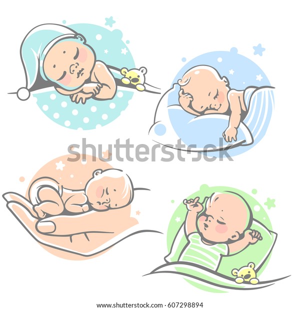 可愛い赤ちゃんが寝てるセット 子どもが毛布の下に枕を置いて寝てる ベッドにテディベアを持つ少年 女の子 はお腹で寝る 異なる睡眠位置 スケッチスタイル ベクターイラスト のベクター画像素材 ロイヤリティフリー