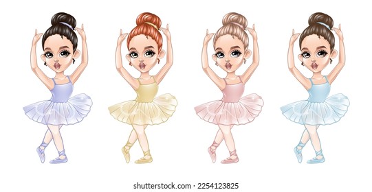 set of cute little ballerinas with different hair and dress colours