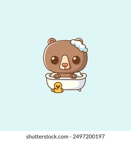 set Cute little bear bathing time in bathtub kawaii chibi character mascot illustration outline style design