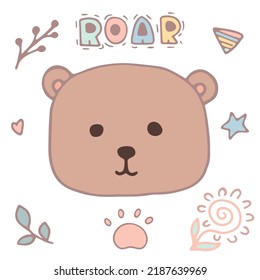 Set with cute little Bear, Hearts, Flowers, twig, Star, triangle and funny Text in pastel colors isolated on white.  Hand drawn vector illustration for Baby Print, Card, Wall Art, Poster, Collage.