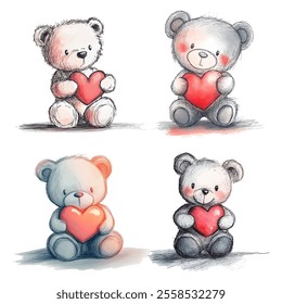 Set cute little bear hugging a red heart