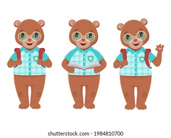 set from cute little bears, schoolboys. Kawaii character. Vector children illustration. Objects isolated on white.