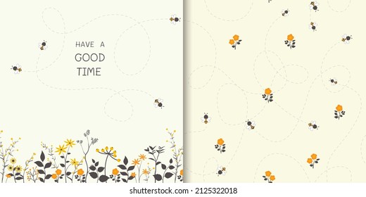 Set of cute little bees happy on the flowers garden with seamless pattern,for kid product,fashion,fabric,textile,print,banner,surface design or greeting card,vector illustration