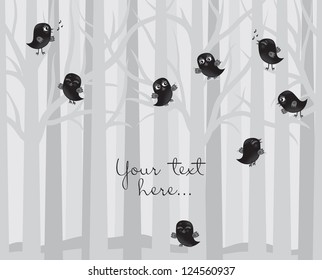 set of cute little black birds in forest with text