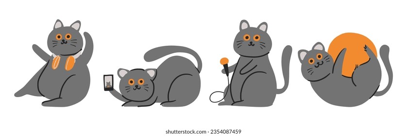 Set of cute little black cats . Hand drawn style . White isolated background . Vector .