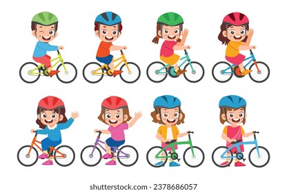 Conjunto de niños pequeños montados en bicicleta con diferentes polos. Actividad Objetos De Elemento Aislado. Ilustración vectorial de iconos de estilo plano