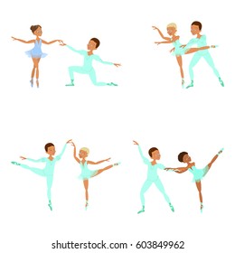 Set of Cute little boy and girl ballet dancers collection. Character of male and female dancing pair. Isolated Vector illustration eps 10
