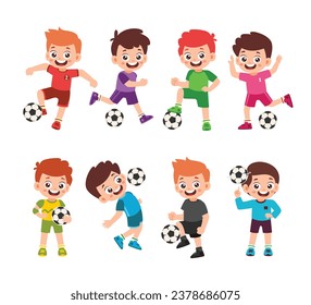 Set of Cute Little Boy Playing Basketball Kid Children with Various Different Poses. Activity Isolated Element Objects. Dribbbling. Flat Style Icon Vector Illustration