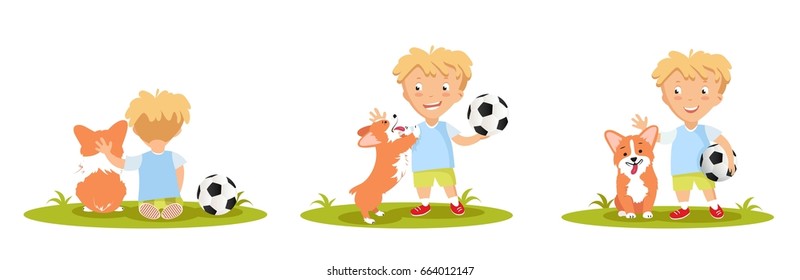 Set of cute little boy playing with his dog. Vector illustration