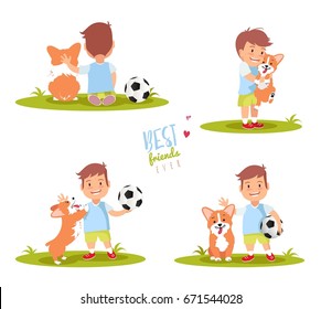Set of cute little boy playing with his dog. Best friends ever vector illustration. 