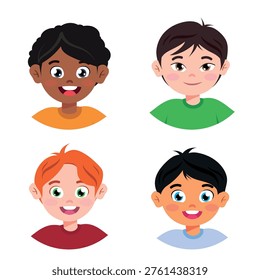  Conjunto de lindos niños pequeños de diferentes apariencias en estilo de dibujos animados. Ilustración vectorial de los muchachos sonrientes con diverso color de piel, pelo: morena, marrón-pelo, rojo-pelo aislado en el fondo blanco.
