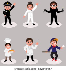 Set of cute little boys dressed up like policeman, army officer, thief, chef and doctor. Collection of kids cartoon characters.