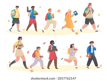 Set of cute little boys and girls going to elementary or middle school. Happy pupils with backpacks holding books surrounded by autumn leaves. Flat cartoon vector illustration