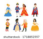 Set of cute little boys in prince costume with crown, girls in princesses dress isolated on white background. Сhildren at a costume ball, dressed as kings and queens, dancing in pairs. Little prince.