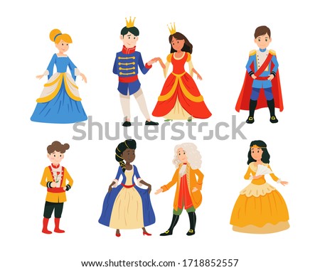Set of cute little boys in prince costume with crown, girls in princesses dress isolated on white background. Сhildren at a costume ball, dressed as kings and queens, dancing in pairs. Little prince. Foto stock © 