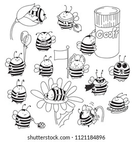 Set of cute little Bumblebee ink hand drawn sketch vector illustration. Bee icon. Print art sketch bees. Bee sign isolated on white background illustration
