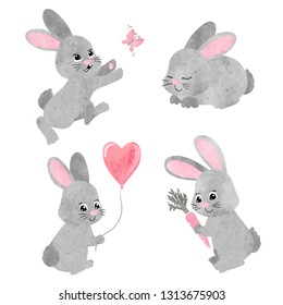 Set of cute little bunnies. Vector watercolor rabbit collection
