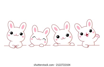 Set of cute little bunny. Borders with kawaii white bunnies. Collection of rabbits with different emotion - funny, happy, surprised. Can be used for t-shirt print, stickers. Vector illustration EPS8