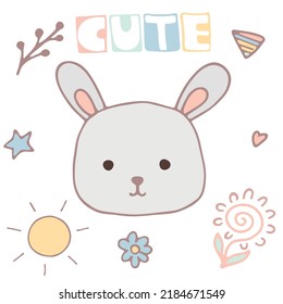 Set with cute little Bunny, Hearts, Flowers, twig, Star, triangle and funny Text in pastel colors isolated on white.  Hand drawn vector illustration for Baby Print, Card, Wall Art, Poster, Collage.