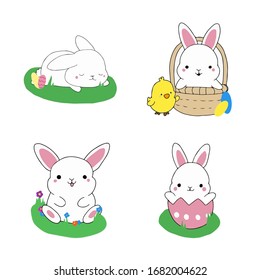 Set of Cute little bunny mascots, hand drawn, handmade kawaii rabbit can be used for Happy easter cards, invitiations, easter egg, basket, chicken happiness, joy EPS Vector 