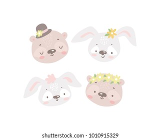 Set of cute little bunny and teddy