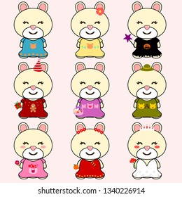 Set of cute little bunny wearing cloth for different events, such as Wedding, Halloween, Christmas, Daddy's day, Mother's day, Valentines, Lunar Chinese New Year, night party.