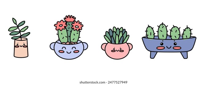 Set with cute little cacti in pots with face. Kawaii vector illustration collection