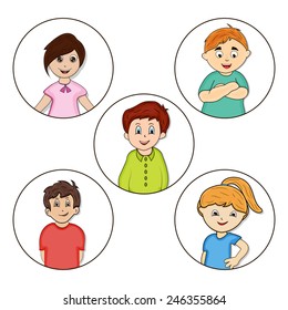 Set of cute little cartoon characters in different poses on white background.
