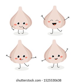 Set of cute little cartoon garlic mascot in flat style. Vector illustration isolated on white background 