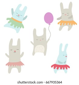 Set of cute little cartoon hares. White background.